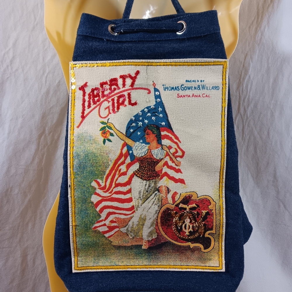 Vintage Womens Denim Backpack Bag Miss Liberty Orange Flag Americana Blue Jean